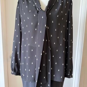 Juicy Couture Black Tie-Front Blouse with Ivory Dot Motif